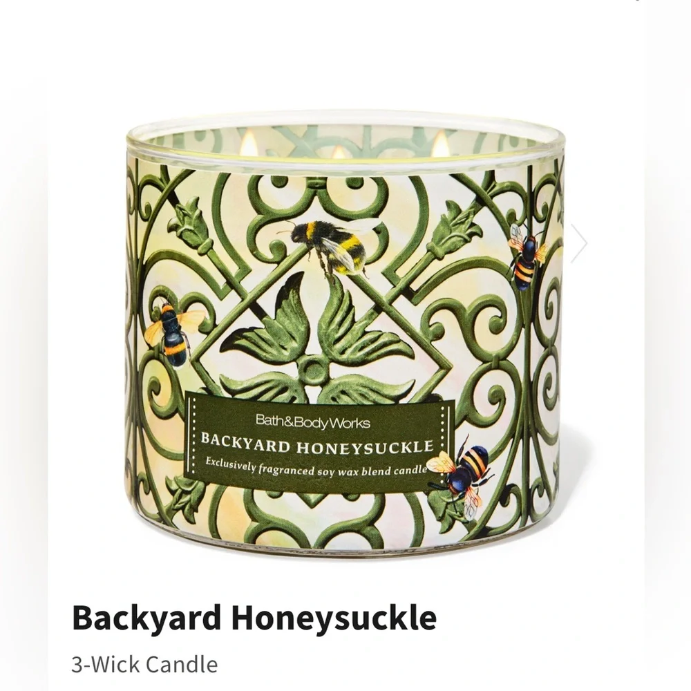 NIB Bath & Body Works “Backyard Honeysuckle” 3-Wick Candle w Decorative Lid
